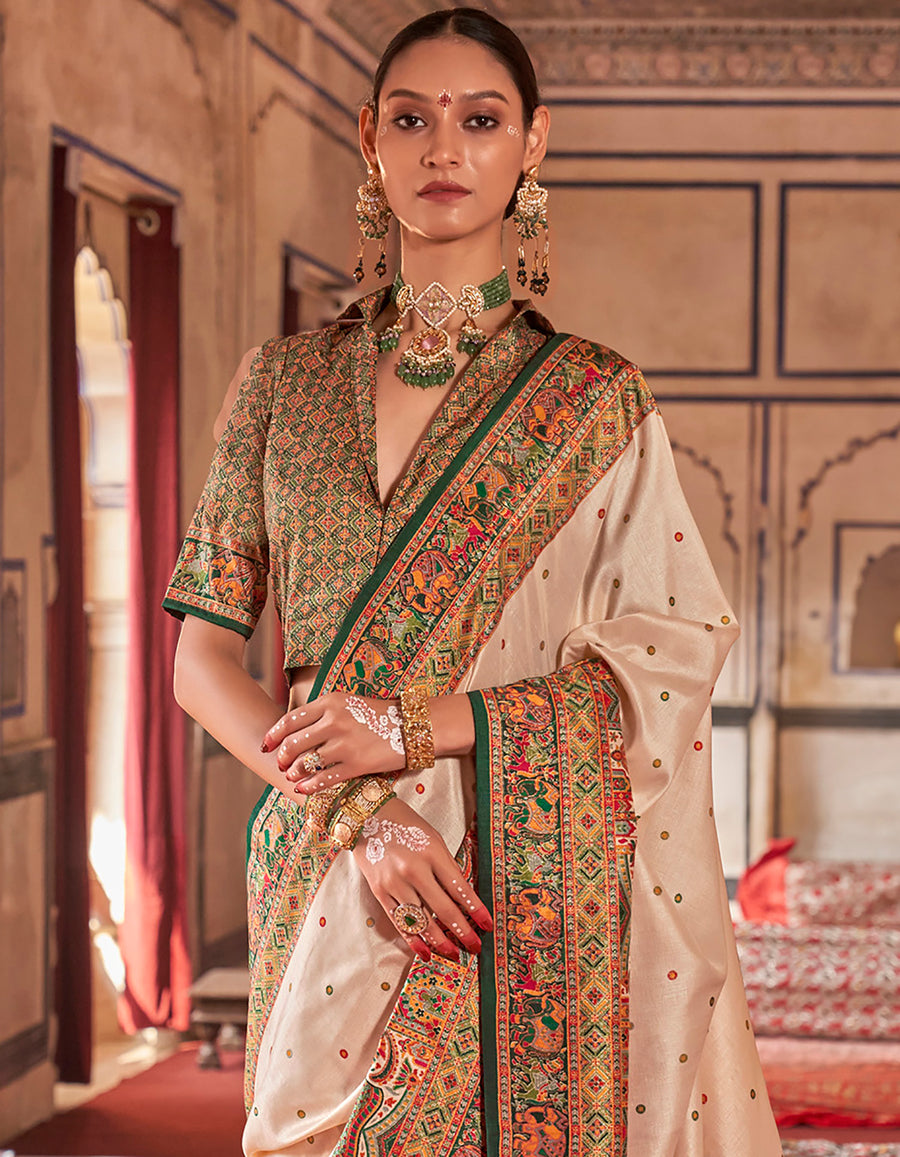 Cream & Green Poly Viscose Silk Polka Dot Banarasi Saree