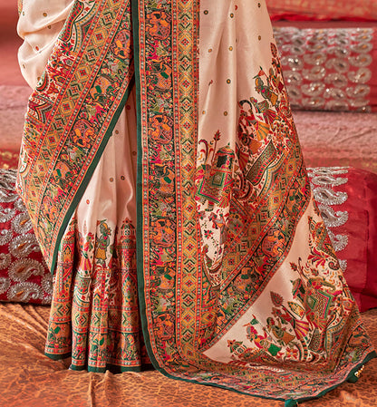 Cream &amp; Green Poly Viscose Silk Polka Dot Banarasi Saree Panetar Saree Anant Tex Exports Pvt.Ltd..