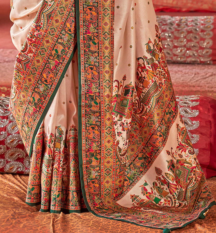 Cream & Green Poly Viscose Silk Polka Dot Banarasi Saree