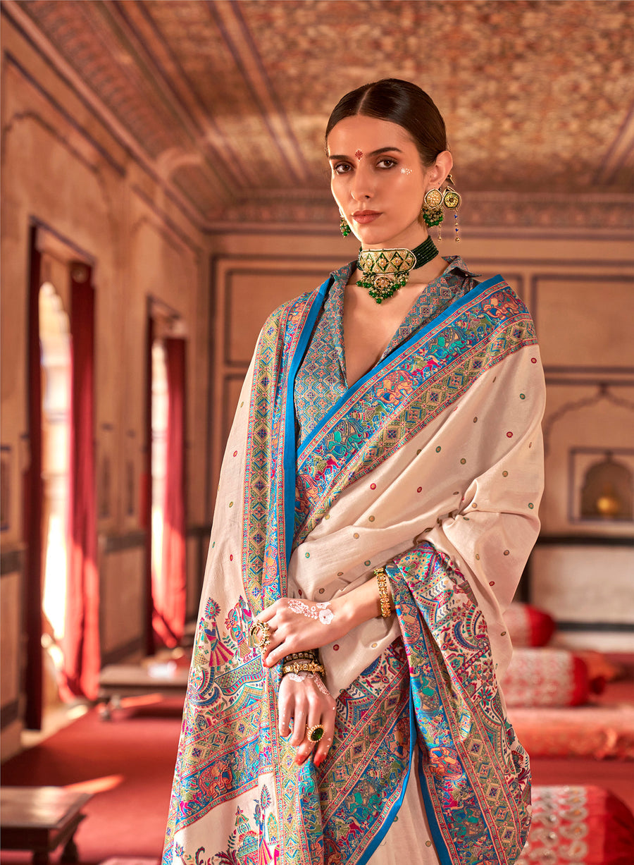 Cream &amp; Blue Poly Viscose Silk Polka Dot Banarasi Saree Panetar Saree Anant Tex Exports Pvt.Ltd..