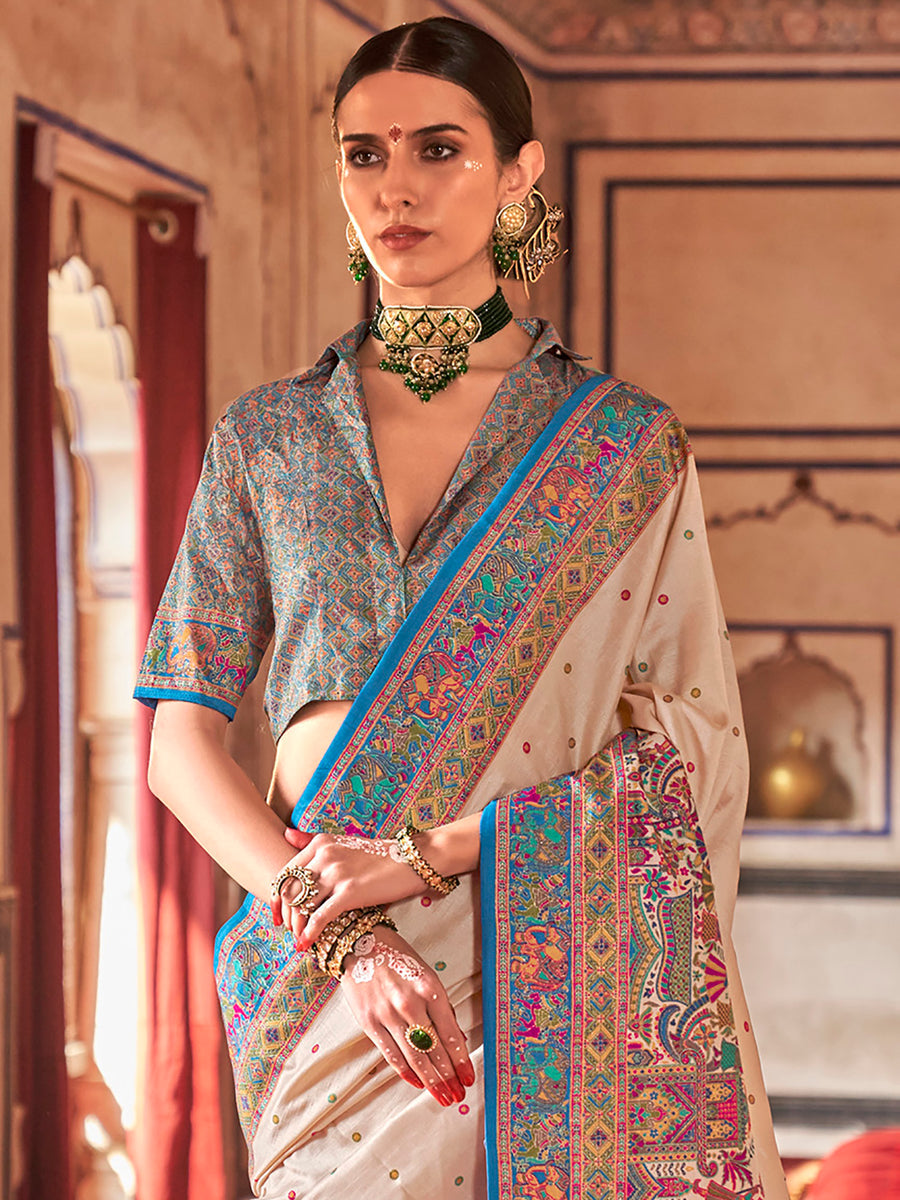 Cream &amp; Blue Poly Viscose Silk Polka Dot Banarasi Saree Panetar Saree Anant Tex Exports Pvt.Ltd..
