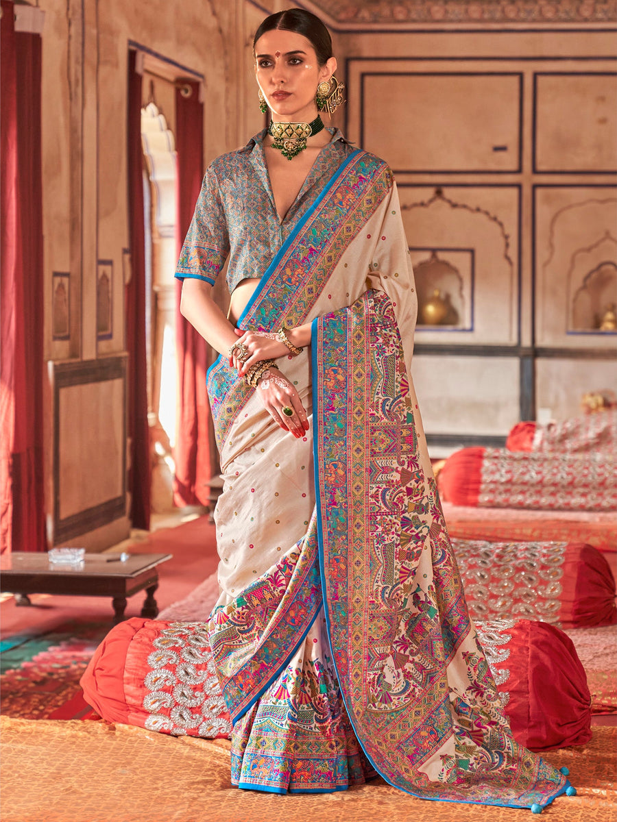 Cream &amp; Blue Poly Viscose Silk Polka Dot Banarasi Saree Panetar Saree Anant Tex Exports Pvt.Ltd..