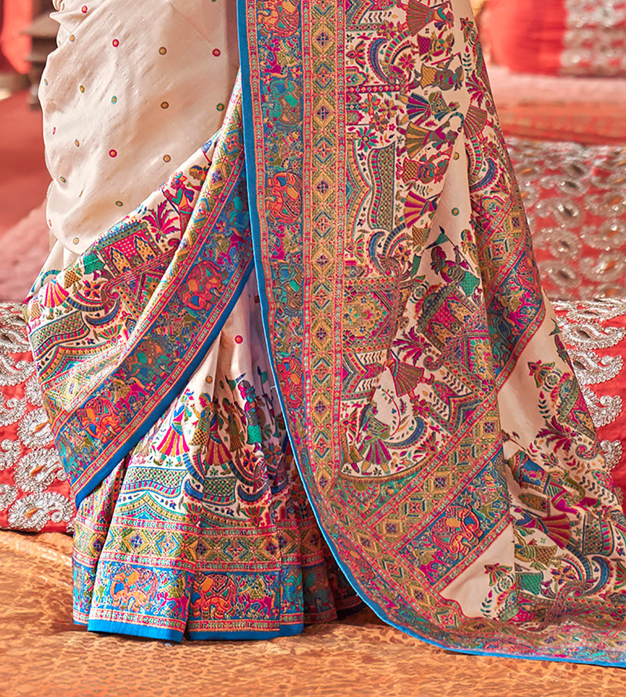 Cream & Blue Poly Viscose Silk Polka Dot Banarasi Saree