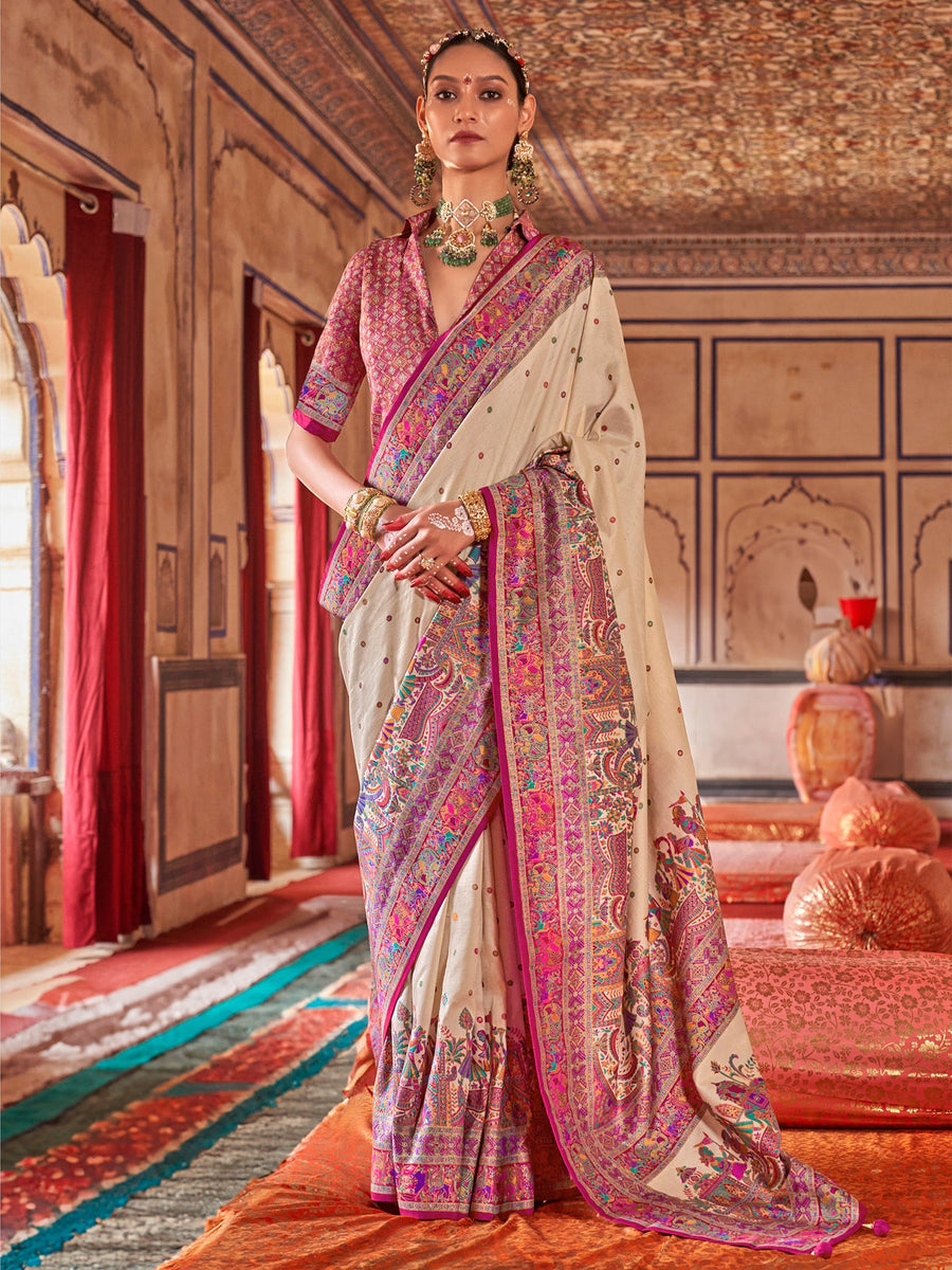 Cream &amp; Pink Poly Viscose Silk Polka Dot Banarasi Saree Panetar Saree Anant Tex Exports Pvt.Ltd..