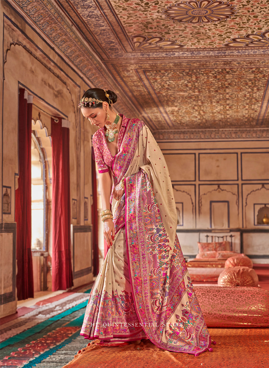 Cream & Pink Poly Viscose Silk Polka Dot Banarasi Saree