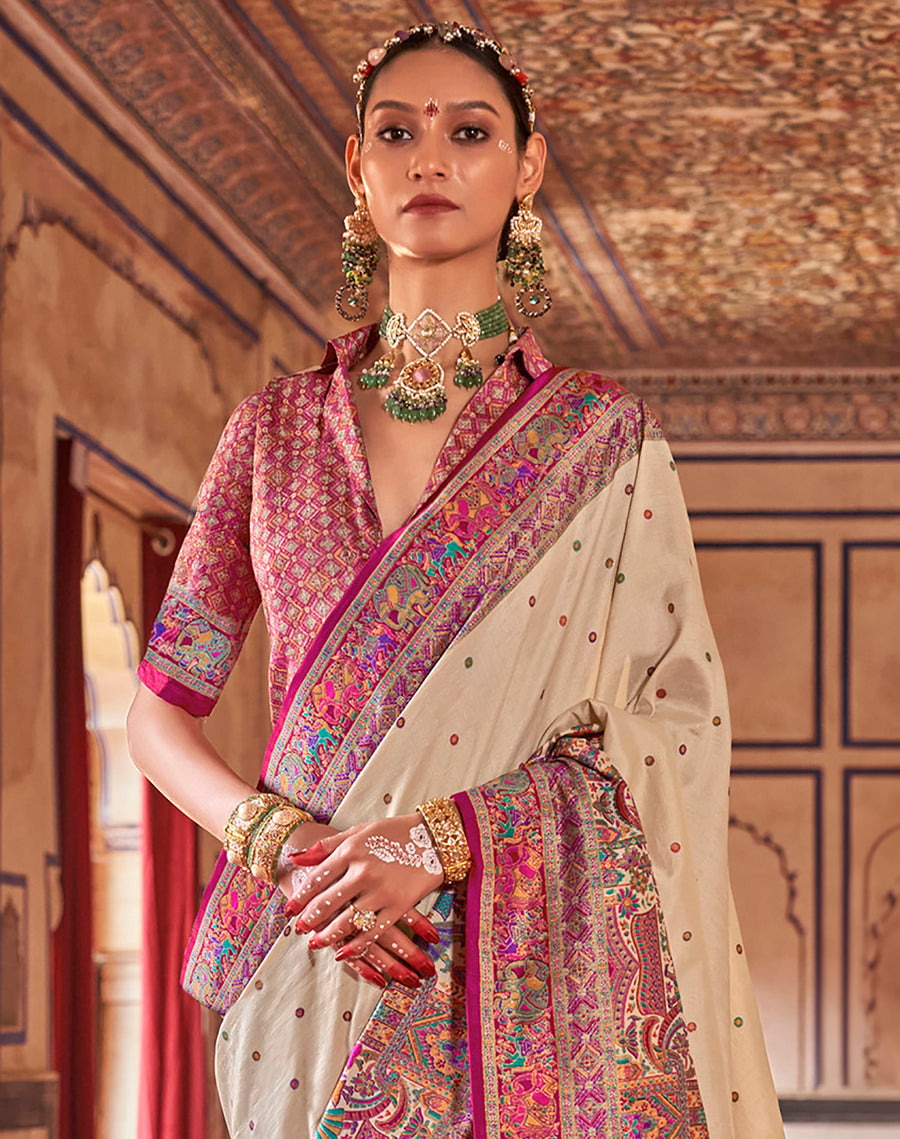 Cream &amp; Pink Poly Viscose Silk Polka Dot Banarasi Saree Panetar Saree Anant Tex Exports Pvt.Ltd..