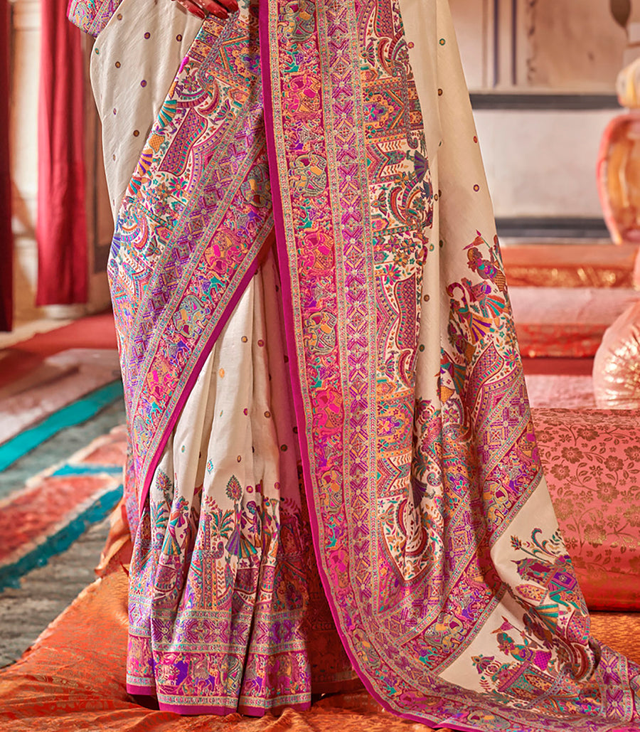 Cream & Pink Poly Viscose Silk Polka Dot Banarasi Saree