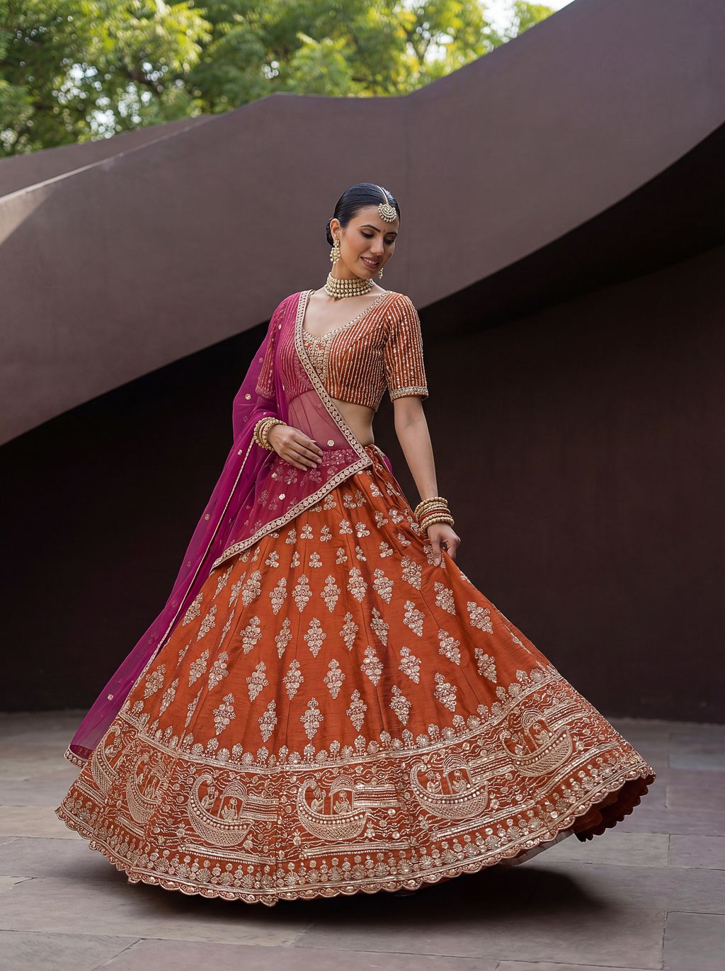 Orange Pure Soft Heavy Silk Sequins Embroidery Work Bridal Lehenga 