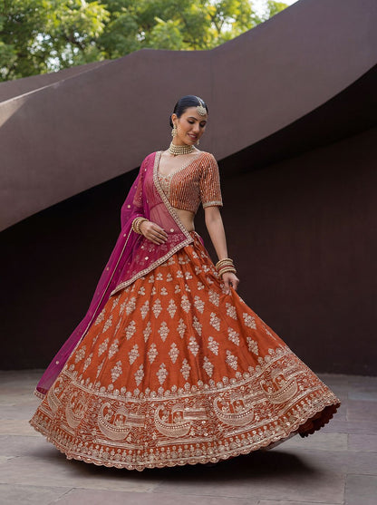Orange Pure Soft Heavy Silk Sequins Embroidery Work Bridal Lehenga 