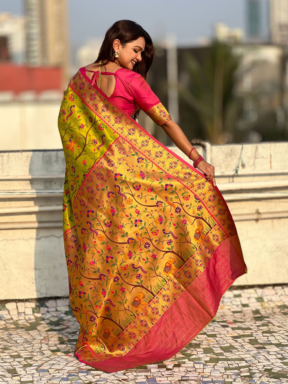 Mehendi Pure Premium Tissue Silk Meenakari Pallu Jaal Zari Tissue Saree 