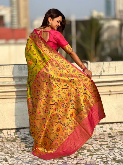 Mehendi Pure Premium Tissue Silk Meenakari Pallu Jaal Zari Tissue Saree 