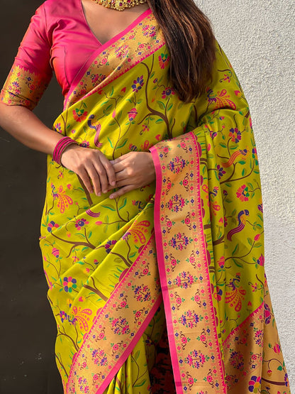 Mehendi Pure Premium Tissue Silk Meenakari Pallu Jaal Zari Tissue Saree 