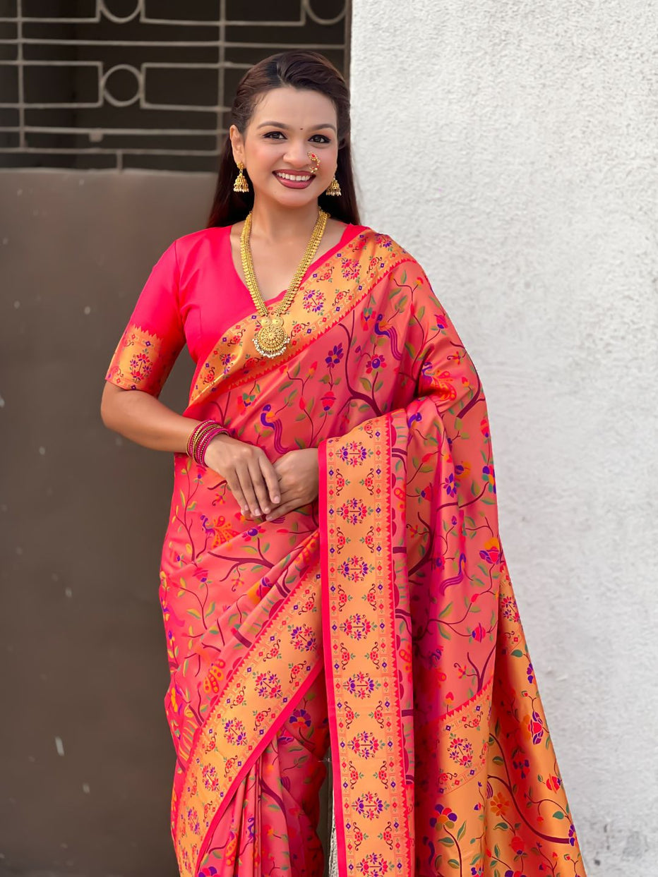 Pink Pure Premium Tissue Silk Meenakari Pallu Jaal Zari Tissue Saree 