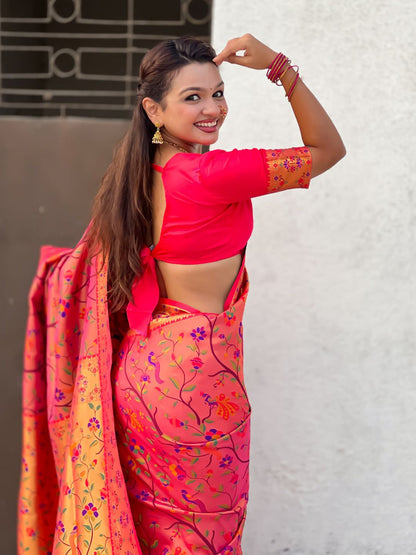 Pink Pure Premium Tissue Silk Meenakari Pallu Jaal Zari Tissue Saree 