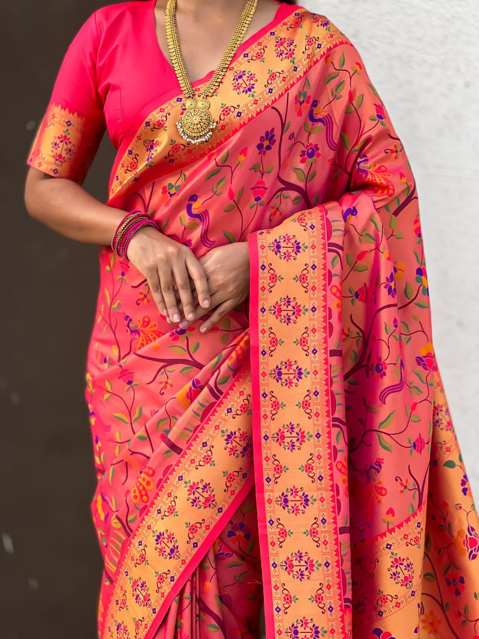 Pink Pure Premium Tissue Silk Meenakari Pallu Jaal Zari Tissue Saree 