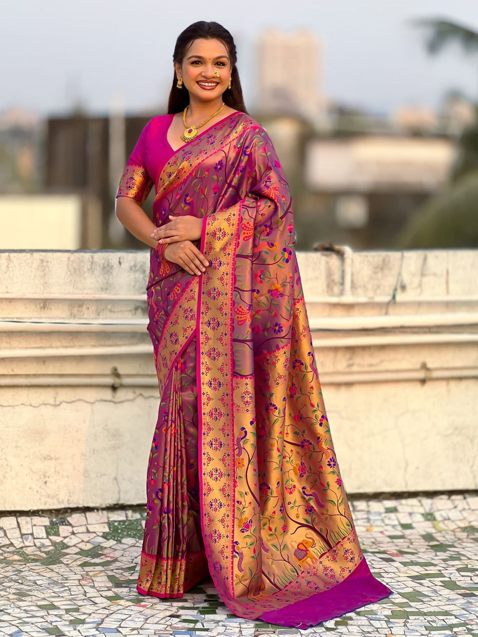 Violet Pure Premium Tissue Silk Meenakari Pallu Jaal Zari Tissue Saree 