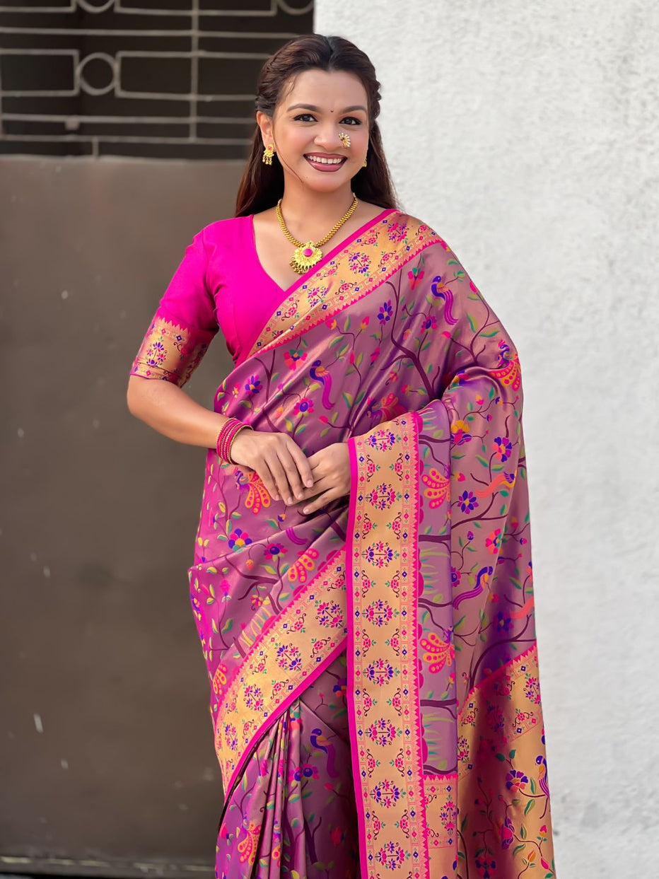 Violet Pure Premium Tissue Silk Meenakari Pallu Jaal Zari Tissue Saree 