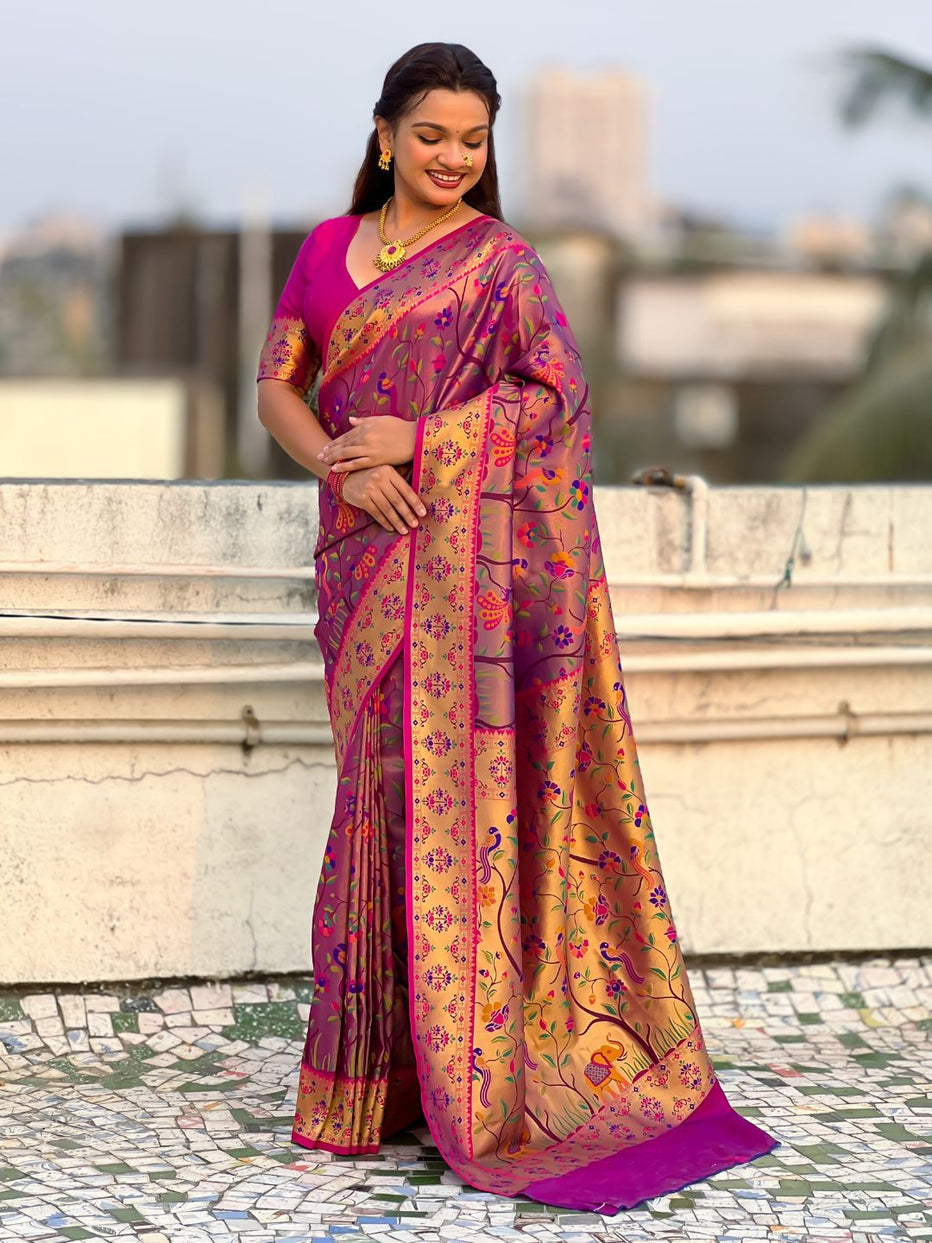 Violet Pure Premium Tissue Silk Meenakari Pallu Jaal Zari Tissue Saree 