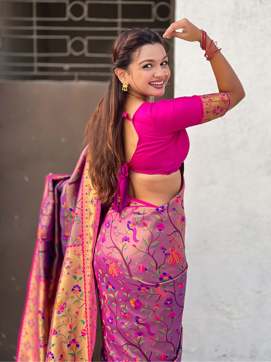 Violet Pure Premium Tissue Silk Meenakari Pallu Jaal Zari Tissue Saree 
