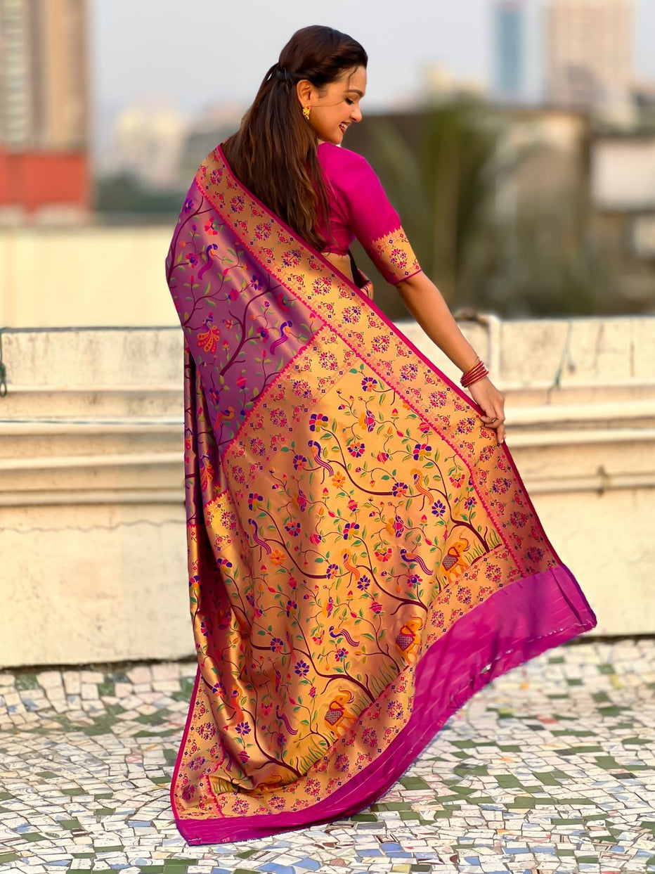 Violet Pure Premium Tissue Silk Meenakari Pallu Jaal Zari Tissue Saree 