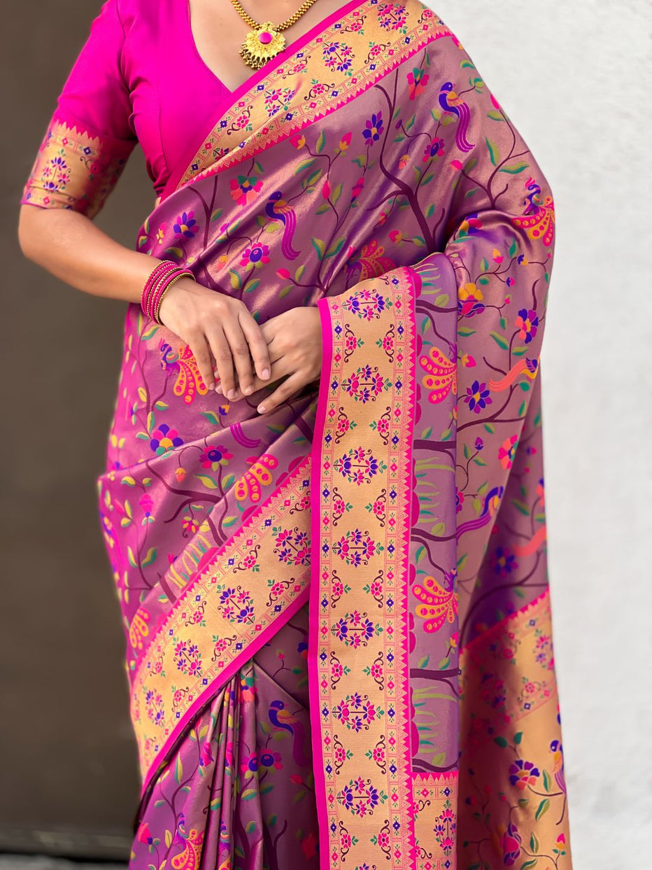 Violet Pure Premium Tissue Silk Meenakari Pallu Jaal Zari Tissue Saree 