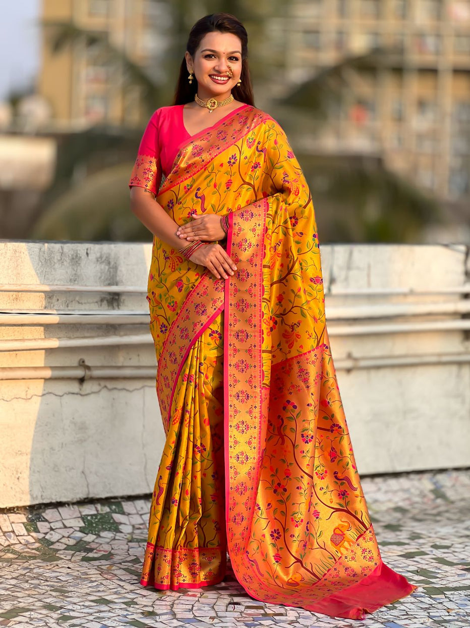 Yellow Pure Premium Tissue Silk Meenakari Pallu Jaal Zari Tissue Saree 