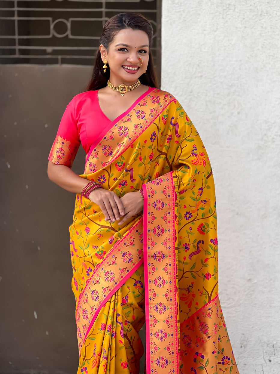 Yellow Pure Premium Tissue Silk Meenakari Pallu Jaal Zari Tissue Saree 