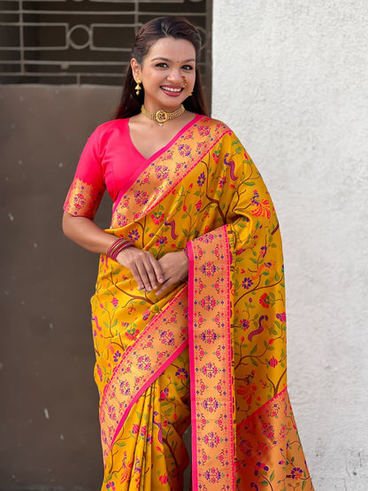 Yellow Pure Premium Tissue Silk Meenakari Pallu Jaal Zari Tissue Saree 