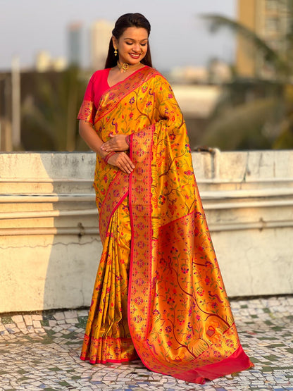 Yellow Pure Premium Tissue Silk Meenakari Pallu Jaal Zari Tissue Saree 