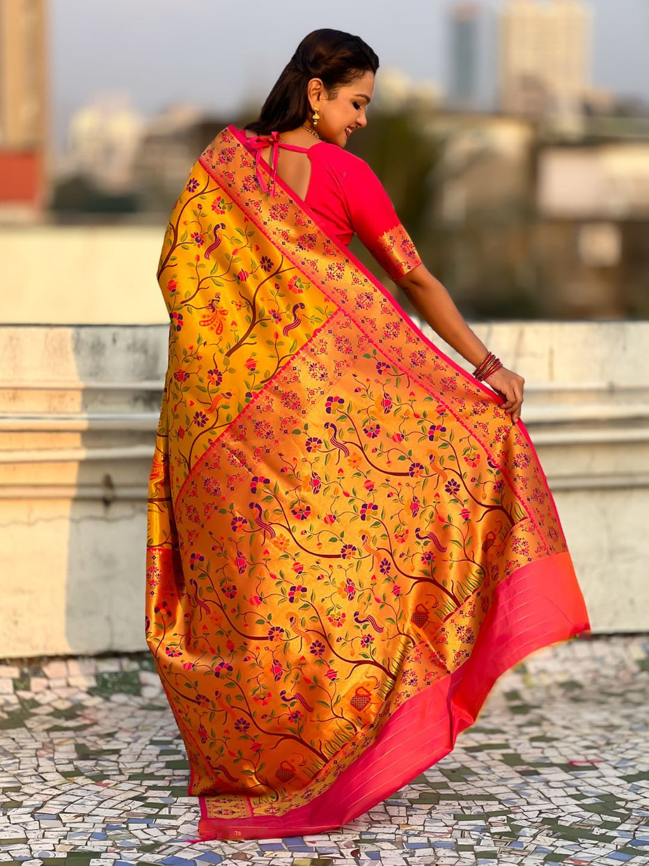 Yellow Pure Premium Tissue Silk Meenakari Pallu Jaal Zari Tissue Saree 