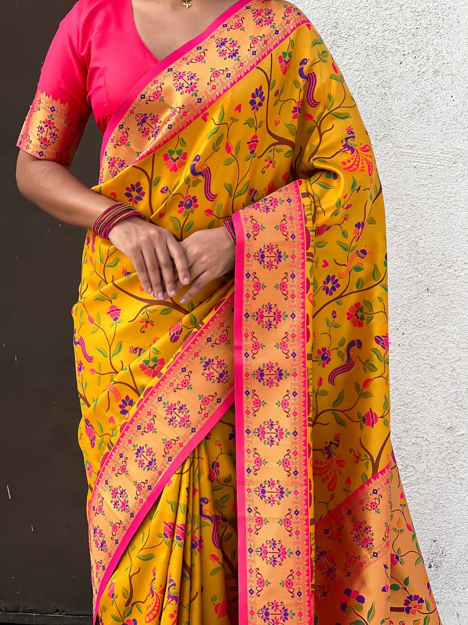 Yellow Pure Premium Tissue Silk Meenakari Pallu Jaal Zari Tissue Saree 