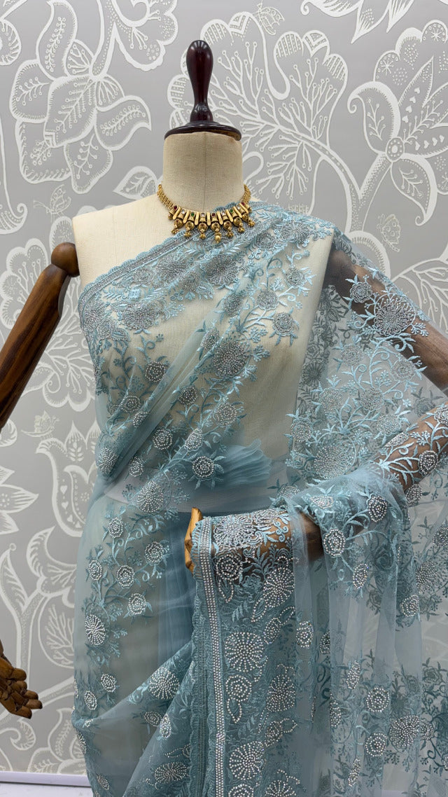 Sky Pure Premium Net Handwork Kasti &amp; Motif Zari Metallic Sequins Work Wedding Saree