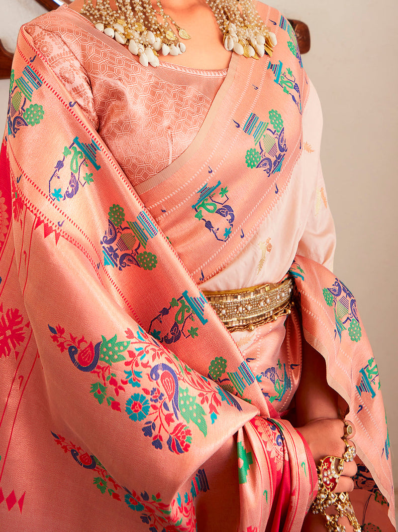 Alluring Beige Zari Woven Traditional Paithani Silk Saree