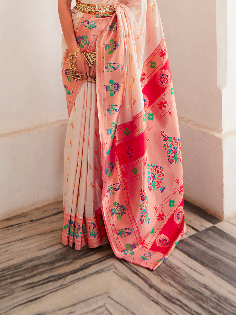 Alluring Beige Zari Woven Traditional Paithani Silk Saree