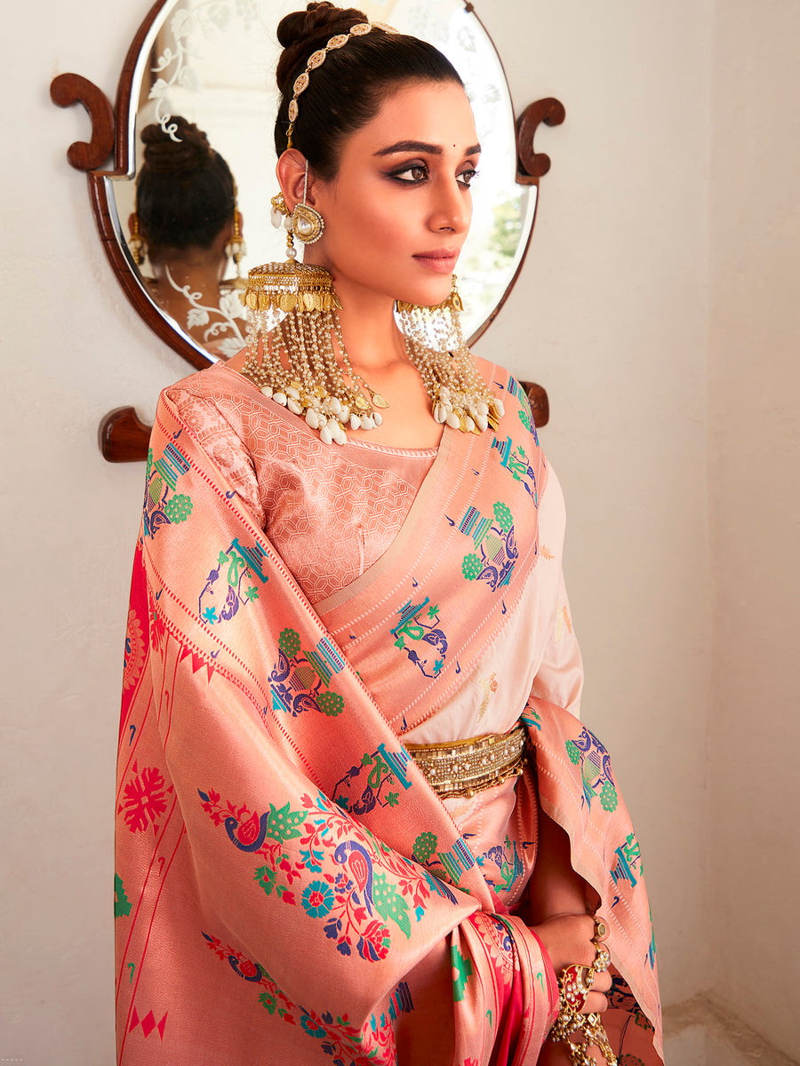 Alluring Beige Zari Woven Traditional Paithani Silk Saree