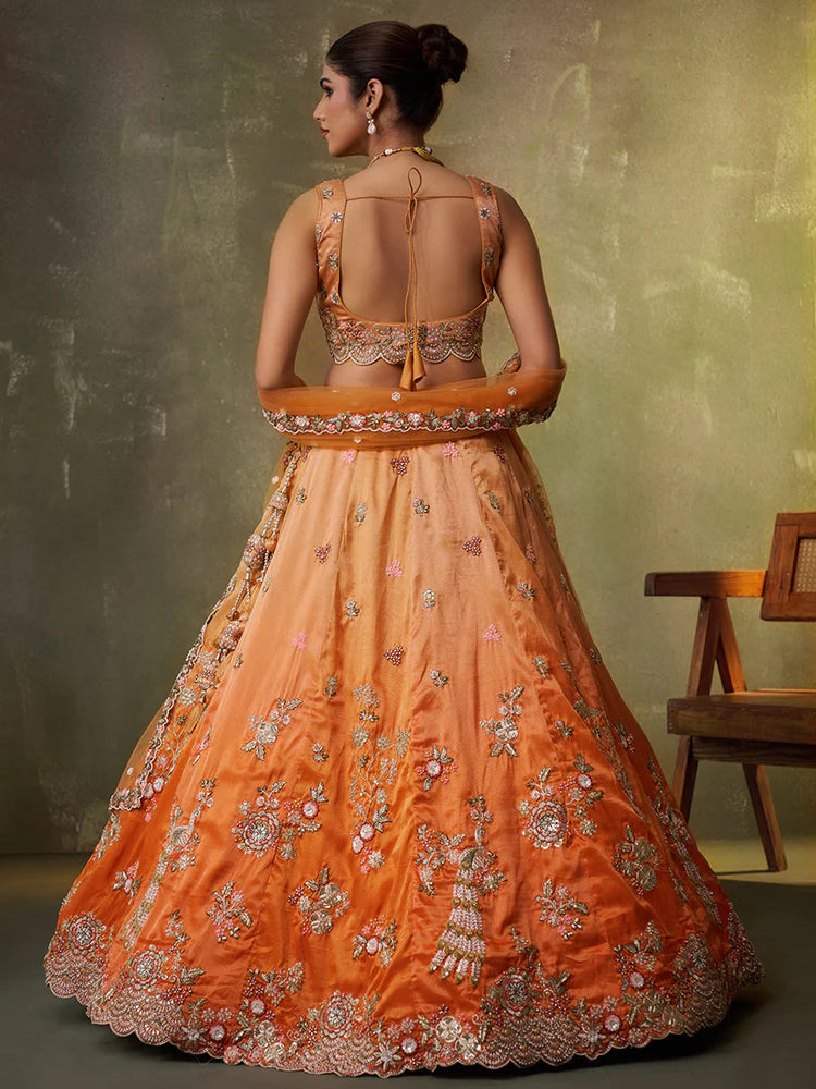 Orange Tissue Silk Lehenga Choli with Sequins, Moti &amp; Thread Embroidery