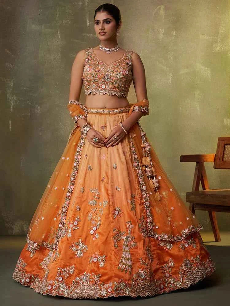 Orange Tissue Silk Lehenga Choli with Sequins, Moti &amp; Thread Embroidery