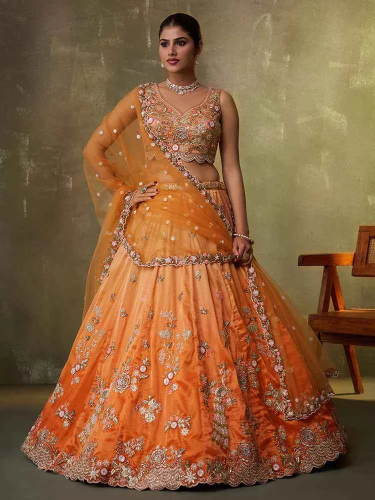 Orange Tissue Silk Lehenga Choli with Sequins, Moti &amp; Thread Embroidery