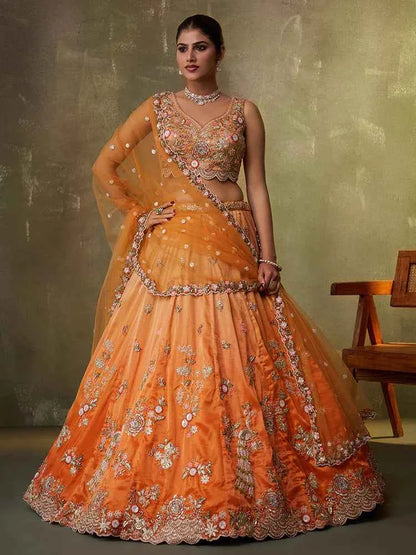 Orange Tissue Silk Lehenga Choli with Sequins, Moti &amp; Thread Embroidery