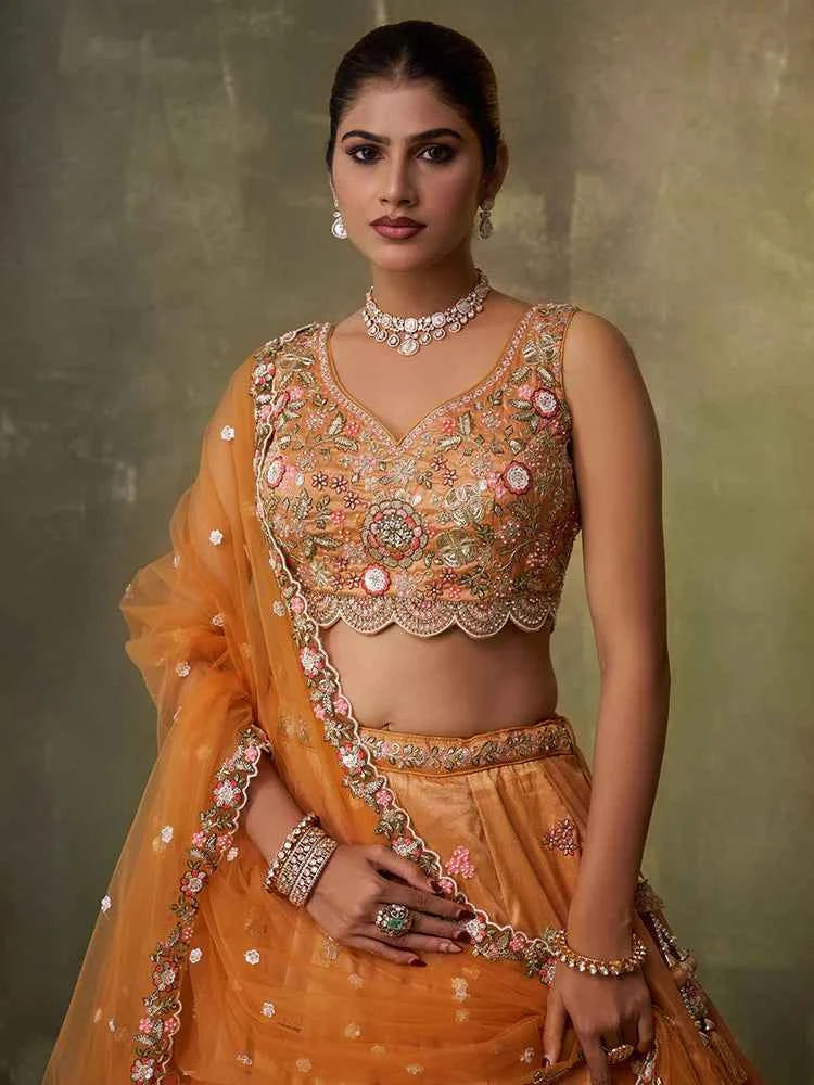Orange Tissue Silk Lehenga Choli with Sequins, Moti &amp; Thread Embroidery