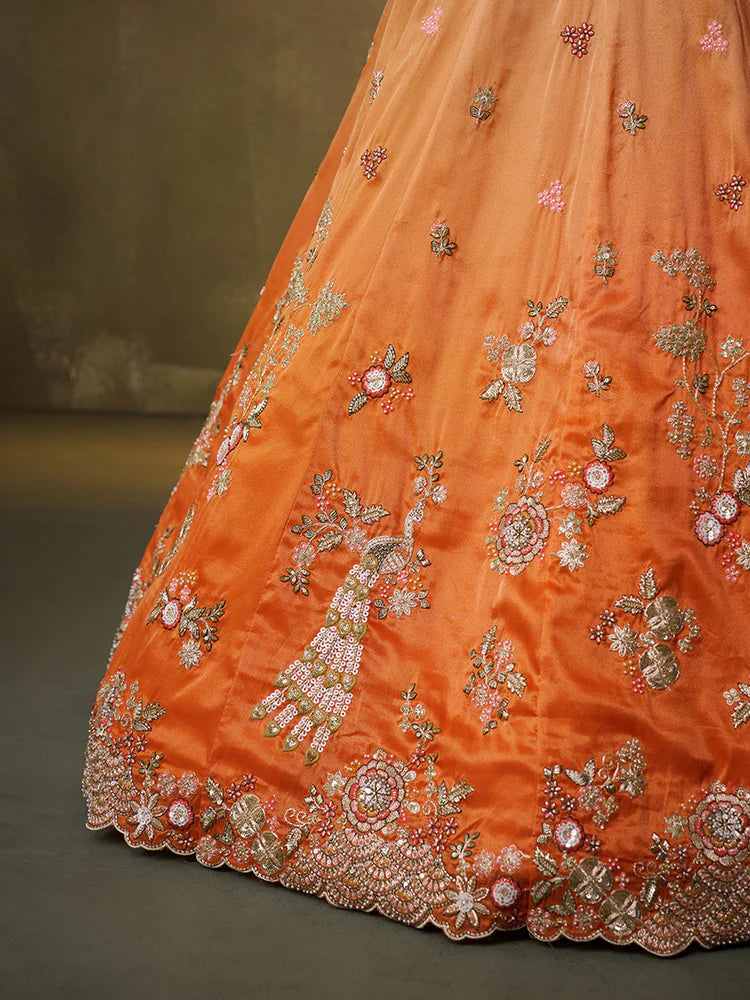 Orange Tissue Silk Lehenga Choli with Sequins, Moti &amp; Thread Embroidery