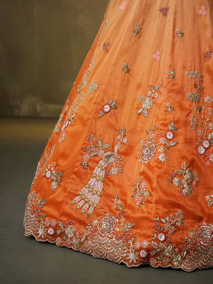 Orange Tissue Silk Lehenga Choli with Sequins, Moti &amp; Thread Embroidery