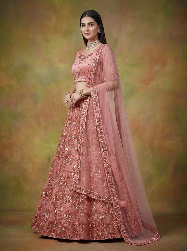 Peach Pink Pure Soft Heavy Net Sequins Embroidery Work Bridal Lehenga 