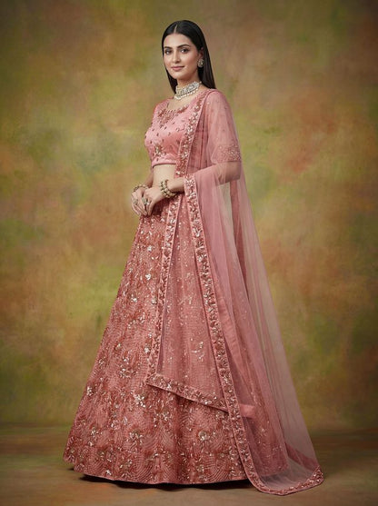 Peach Pink Pure Soft Heavy Net Sequins Embroidery Work Bridal Lehenga 