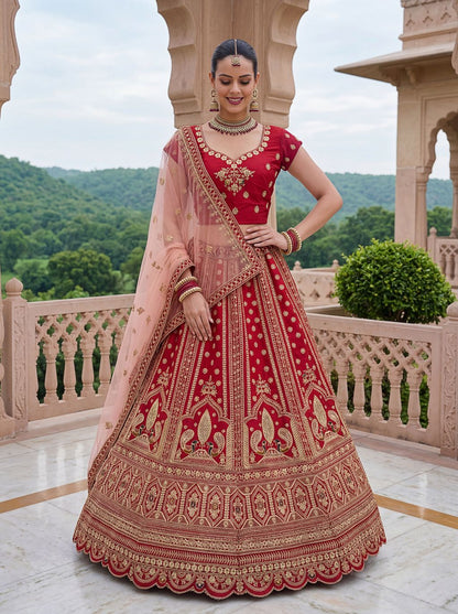 Red Pure Soft Heavy Silk Sequins Embroidery Work Bridal Lehenga 