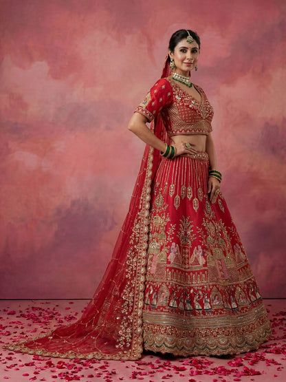 Red Pure Soft Gadwal Silk Heavy Embroidery Work Bridal Lehenga 