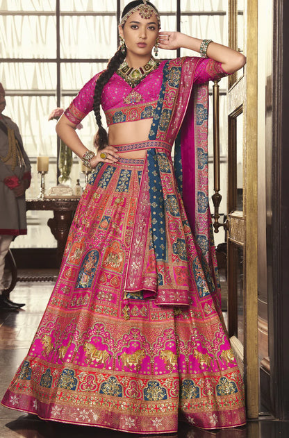 Pink Multicolor Banarasi Silk Lehenga Choli with Weaving Work