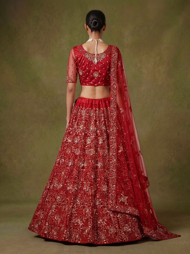 Red Pure Soft Heavy Net Sequins Embroidery Work Bridal Lehenga 