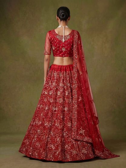 Red Pure Soft Heavy Net Sequins Embroidery Work Bridal Lehenga 