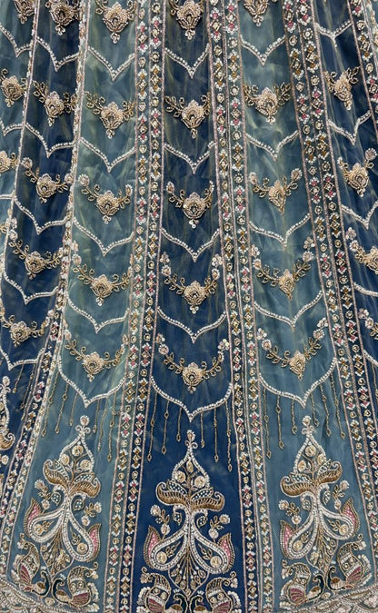 Teal Blue Pure Chandnia Silk Handwork Motif Peacock Pattern Crystal Beads Multi Thread Dori and Sequins Work Bridal Lehenga Choli